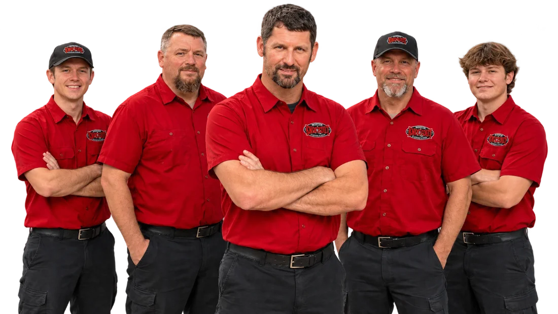 The five-member Wooten plumbing team in their red work shirts
