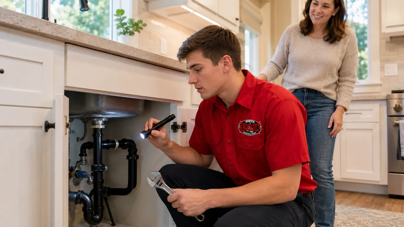 Wooten Knockout plumber inspecting the kitchen sink plumbing while the homeowner looks on