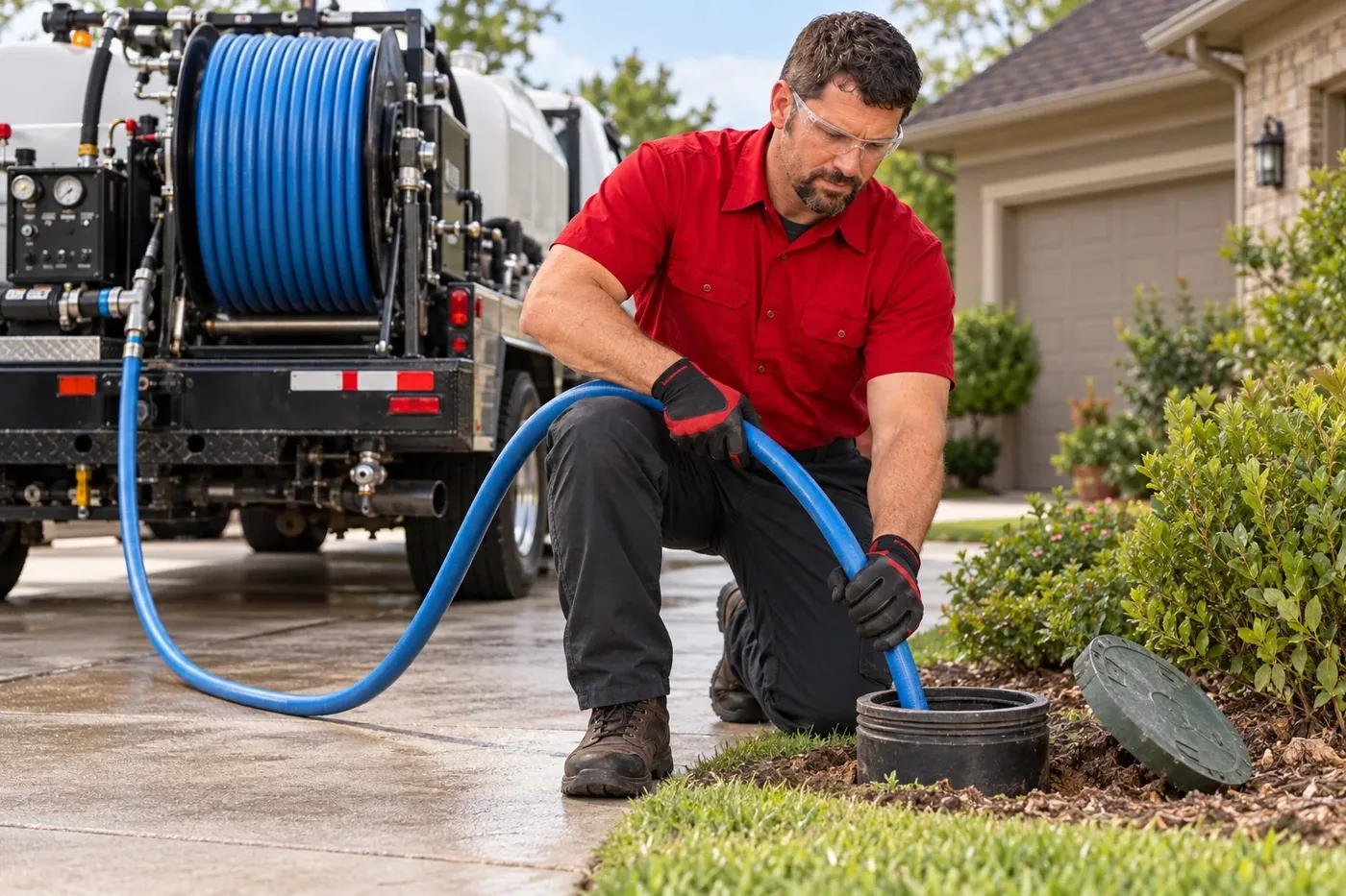 Plumber using a hydro-jetting hose at an outdoor drain cleanout