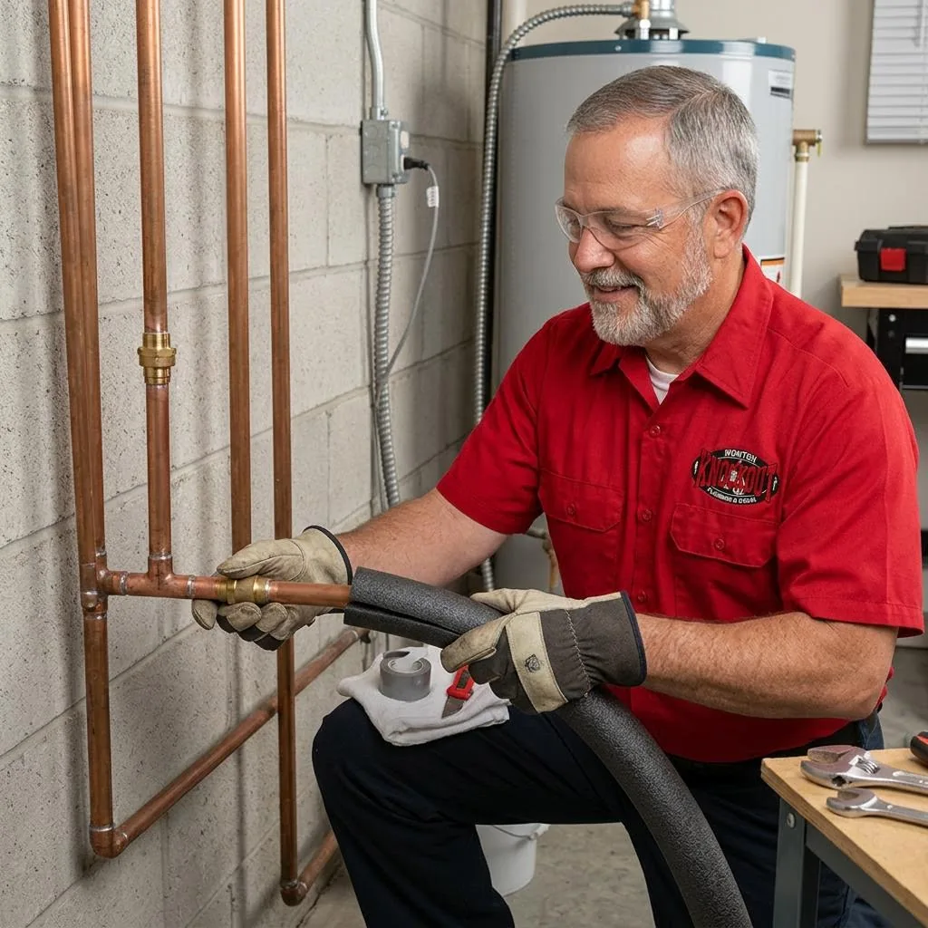 Technician checking repaired copper pipe and fitting foam insulation
