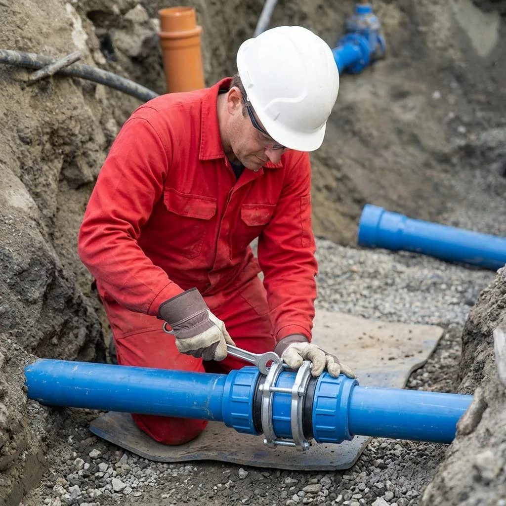 Technician securing a coupling on a blue water main in an open excavation