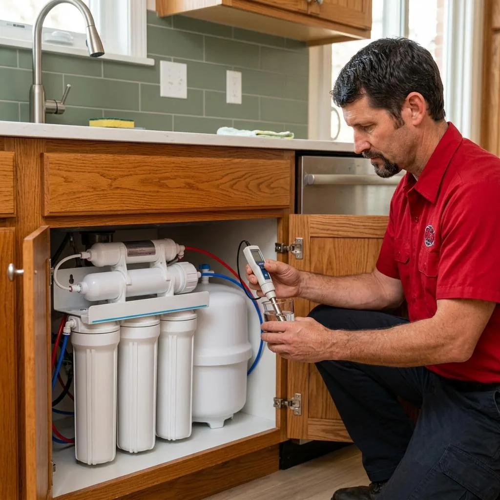 Red-shirted technician testing filtered water beside an under-sink reverse-osmosis system
