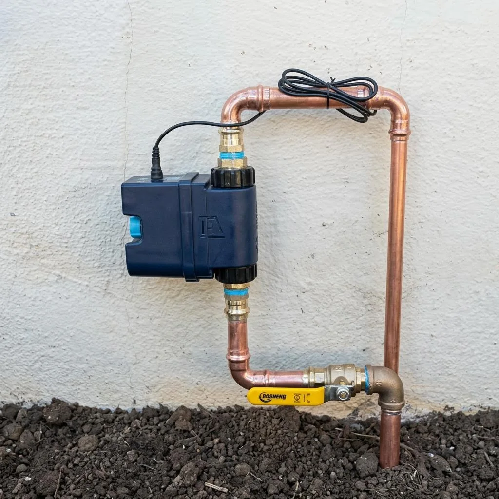 Electronic smart water shutoff valve installed in copper supply piping