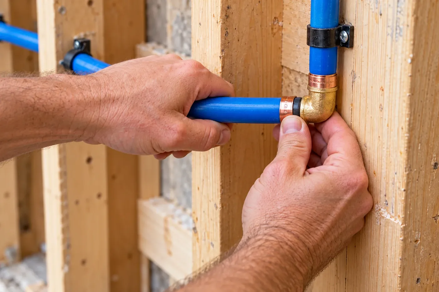 Hands connecting PEX supply pipe during a plumbing rough-in