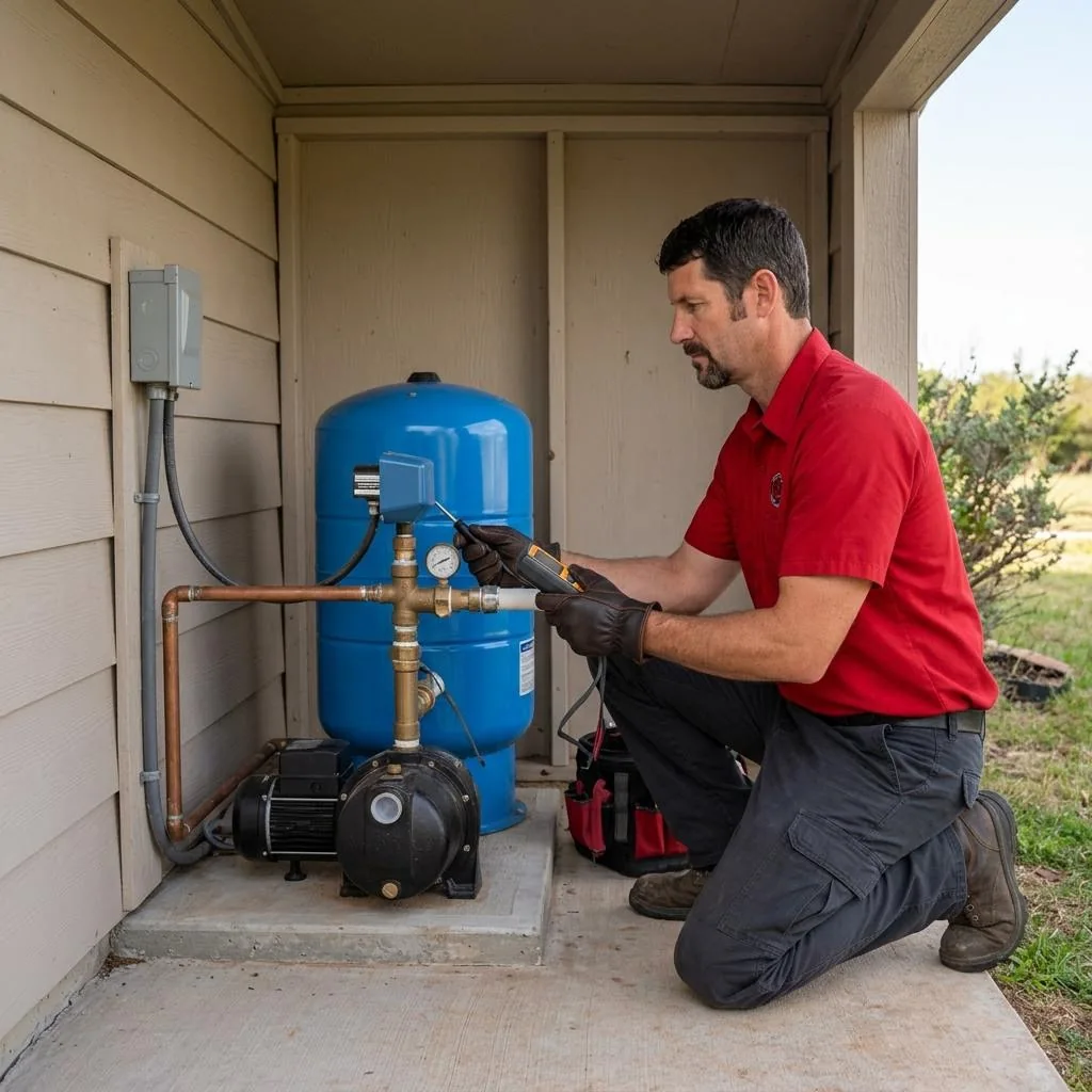 Red-shirted technician checking well pump pressure and controls