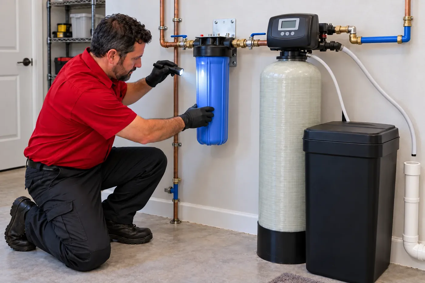 Plumber working on a whole-house filter and water softener