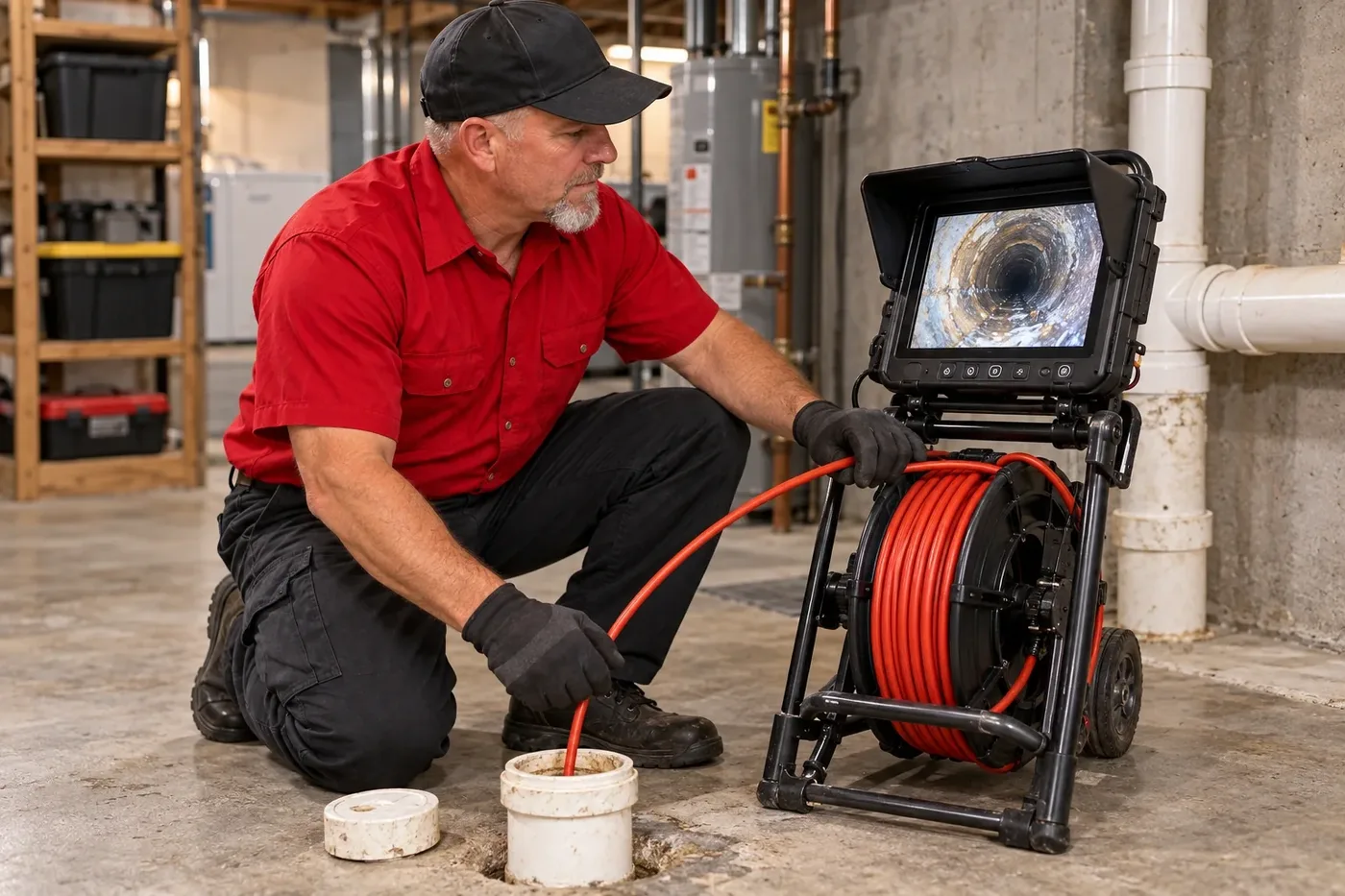Plumber inspecting a sewer line with a camera and monitor