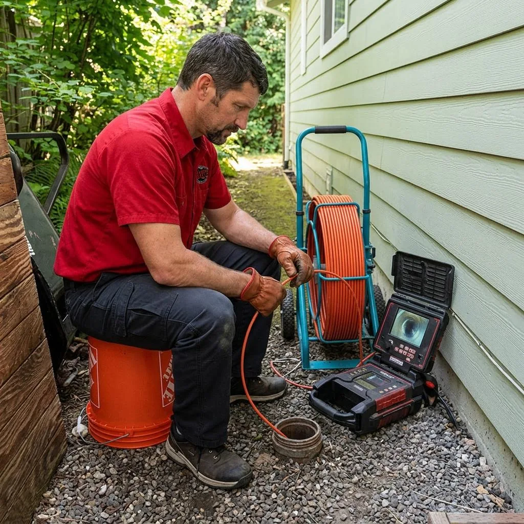 Red-shirted technician inspecting a sewer pipe with a camera reel and video monitor