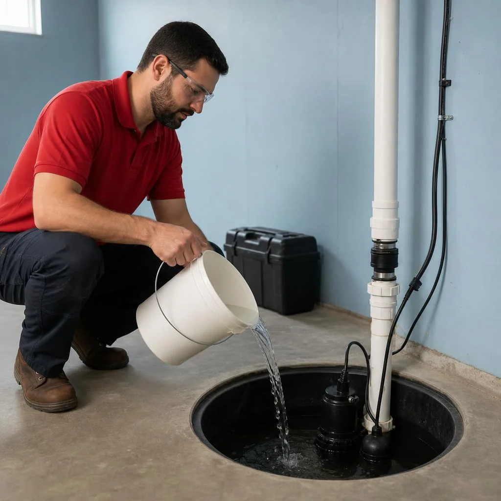 Red-shirted technician pouring water into a sump basin to test the pump