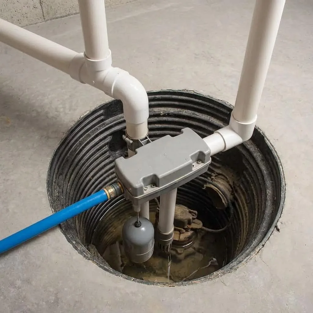 Sump pump assembly with gray float and white piping in a round recessed basin
