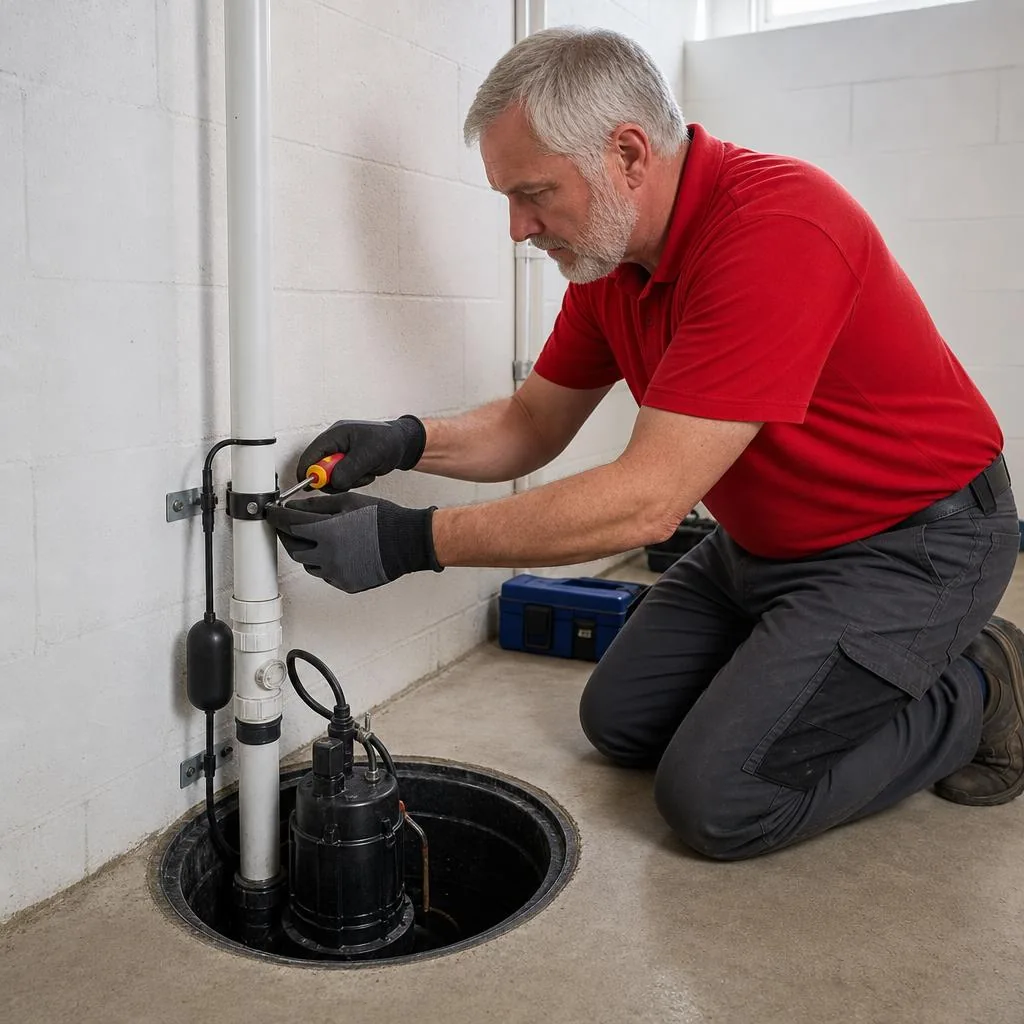 Red-shirted technician adjusting a sump pump float switch