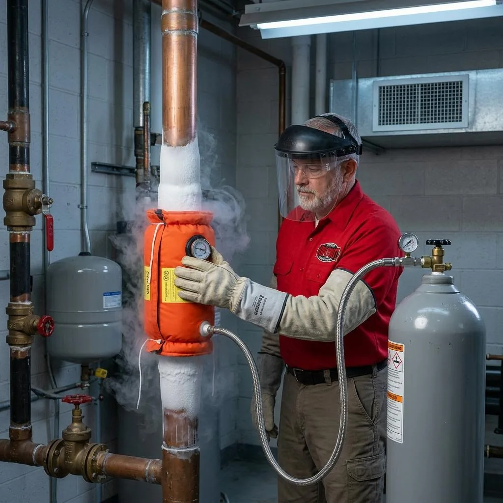 Technician wearing protective equipment monitoring a freeze jacket on a vertical pipe