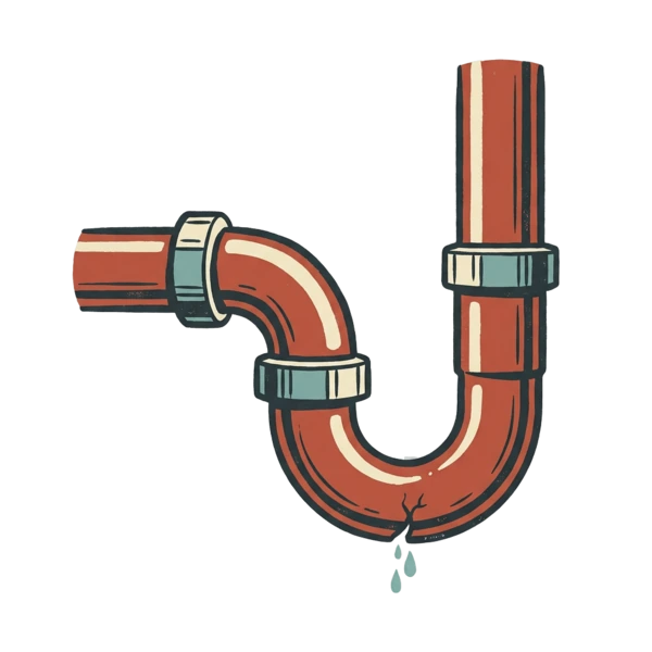 Illustration of connected plumbing pipes with a small leak