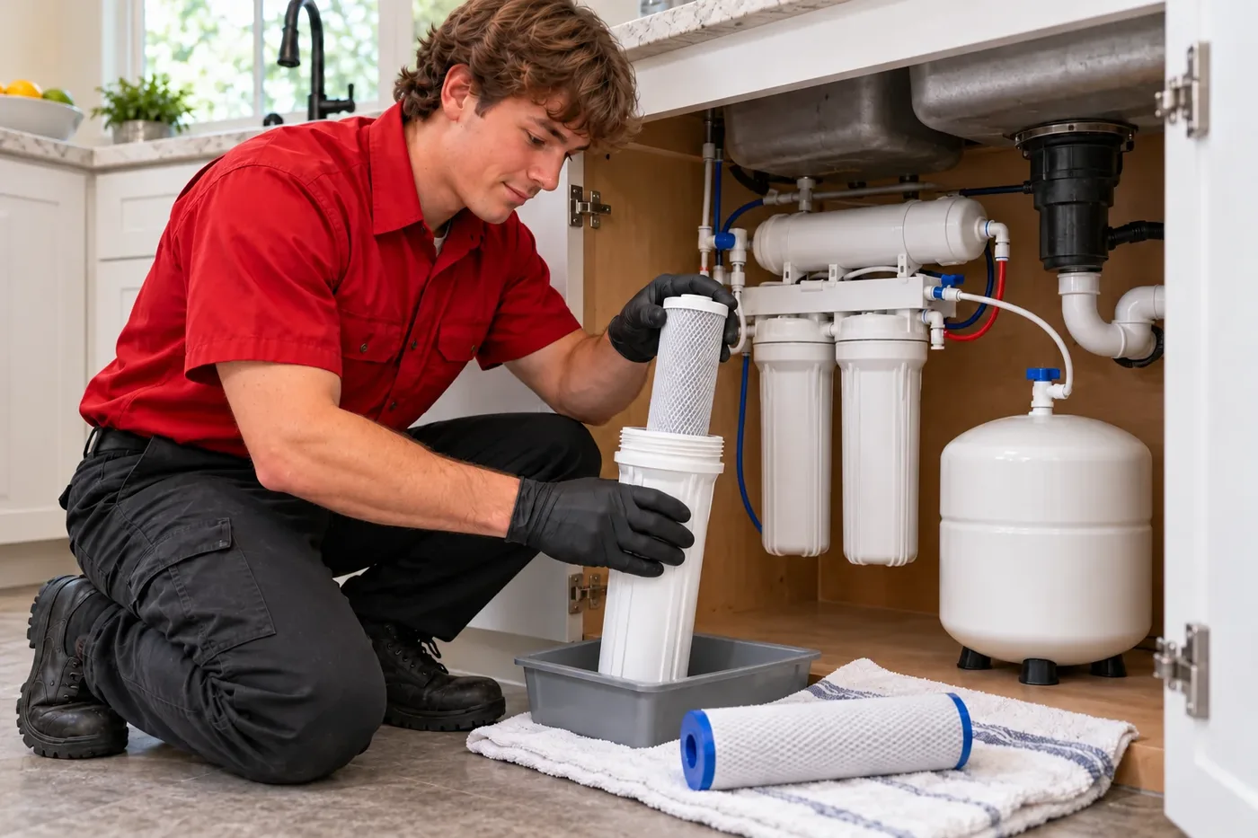 Plumber changing filters on an under-sink reverse-osmosis system