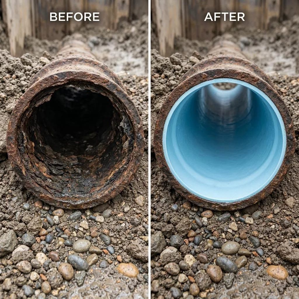 AI illustration comparing a corroded sewer pipe before lining and a smooth blue-lined pipe after rehabilitation
