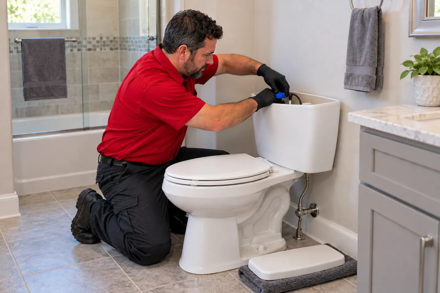 Plumber repairing the mechanism inside a toilet tank