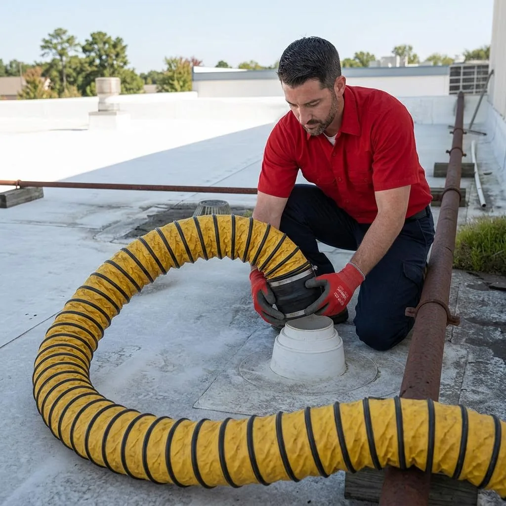 Technician connecting a yellow smoke-testing hose to a plumbing vent