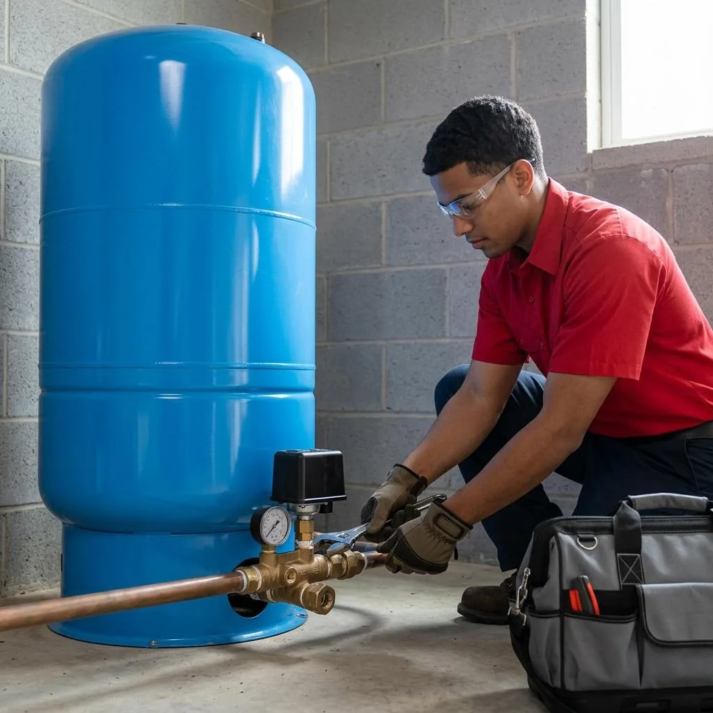 Red-shirted technician servicing the brass connection at the base of a blue pressure tank