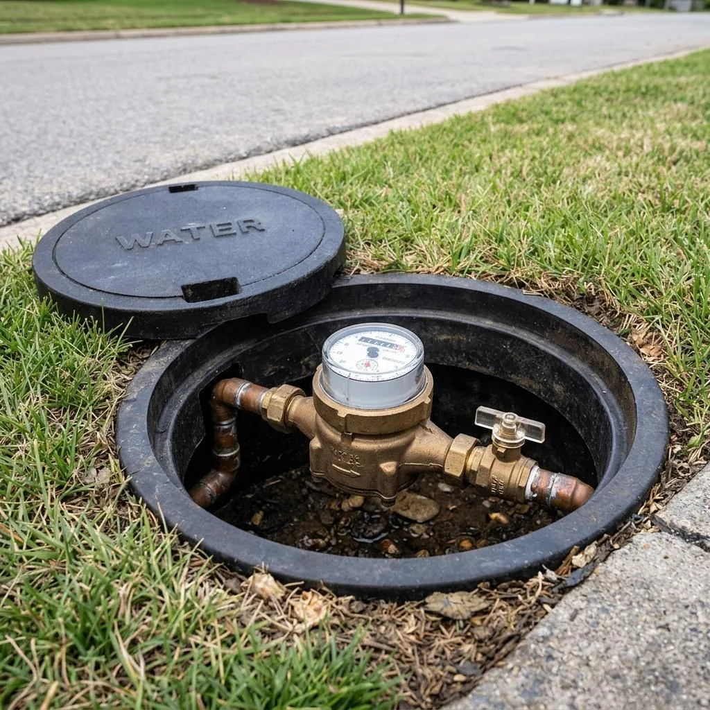 Residential water meter and shutoff valve inside an open ground-level meter box