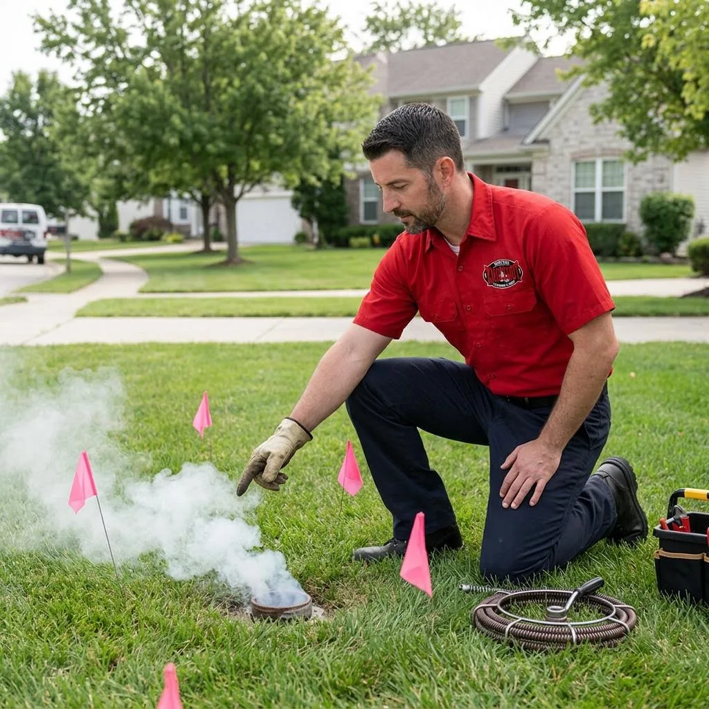 Red-shirted technician inspecting diagnostic smoke rising from a ground-level sewer opening