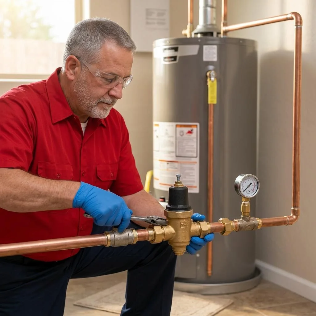 Red-shirted technician servicing a pressure regulator on the supply line beside a water heater