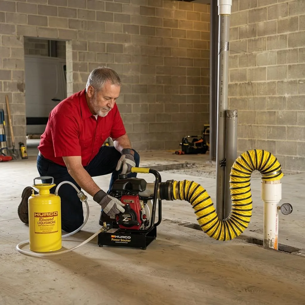 Red-shirted technician operating a plumbing smoke-test blower
