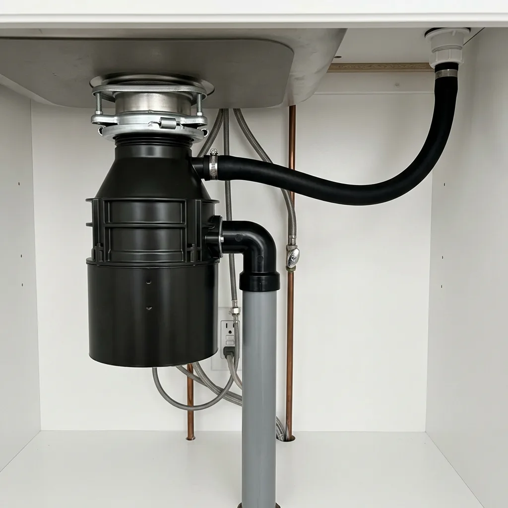 Garbage disposal and drain connections beneath a kitchen sink