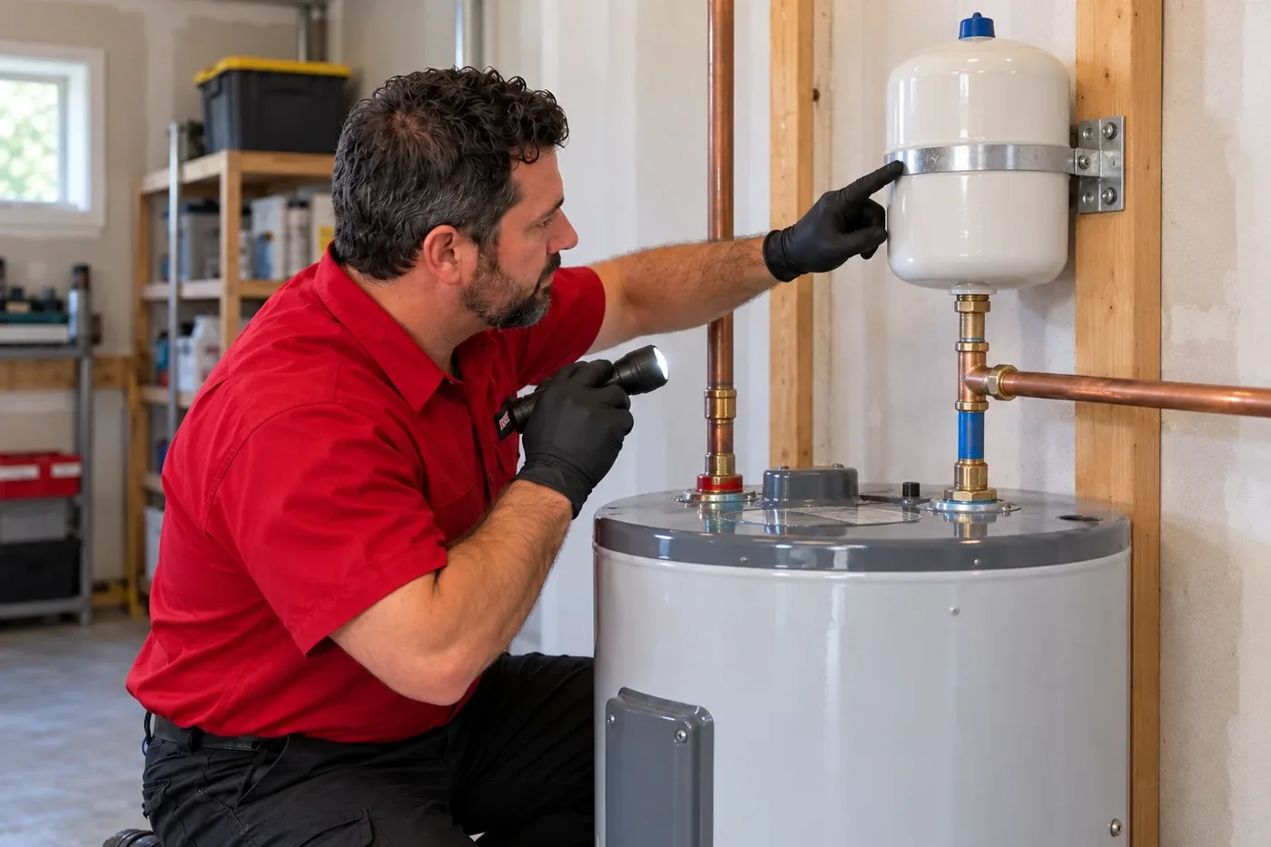 Plumber checking a supported expansion tank above a water heater