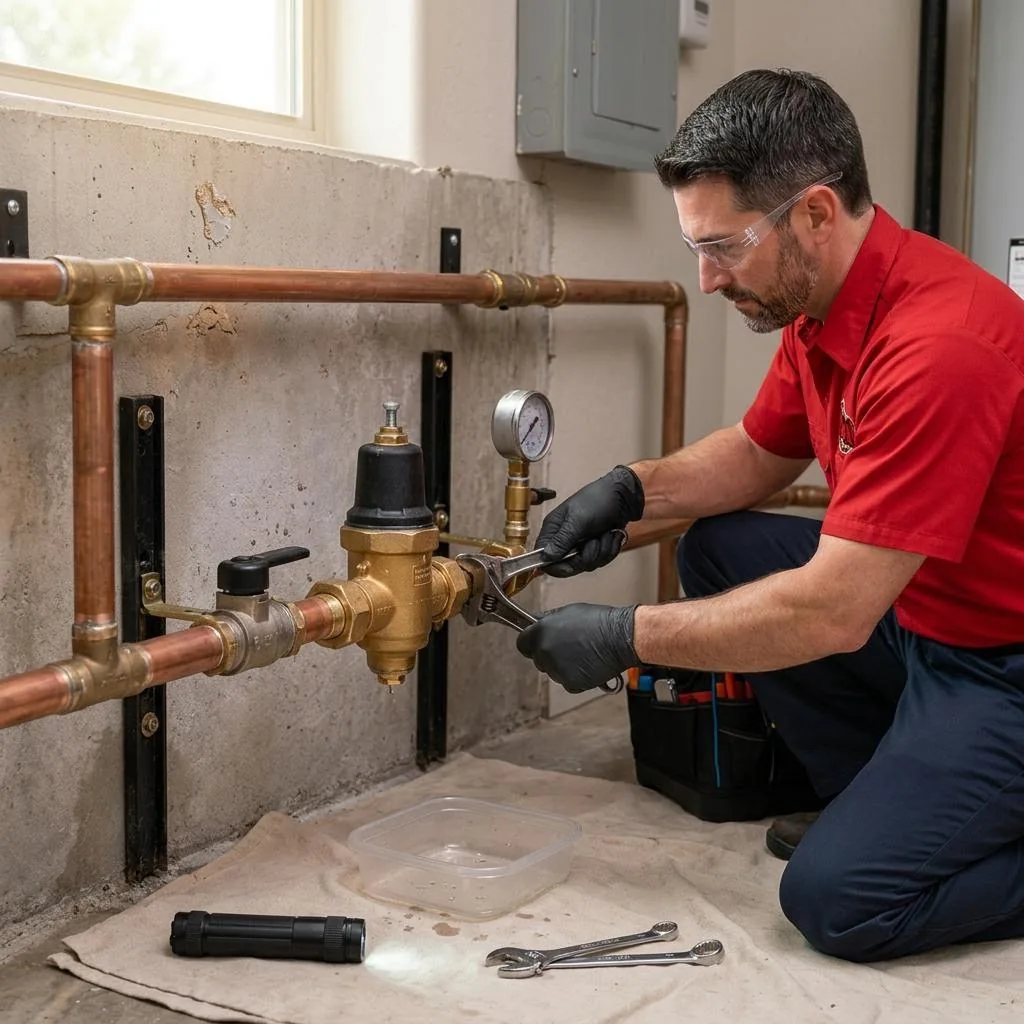 Red-shirted technician repairing a water pressure regulator connection with wrenches