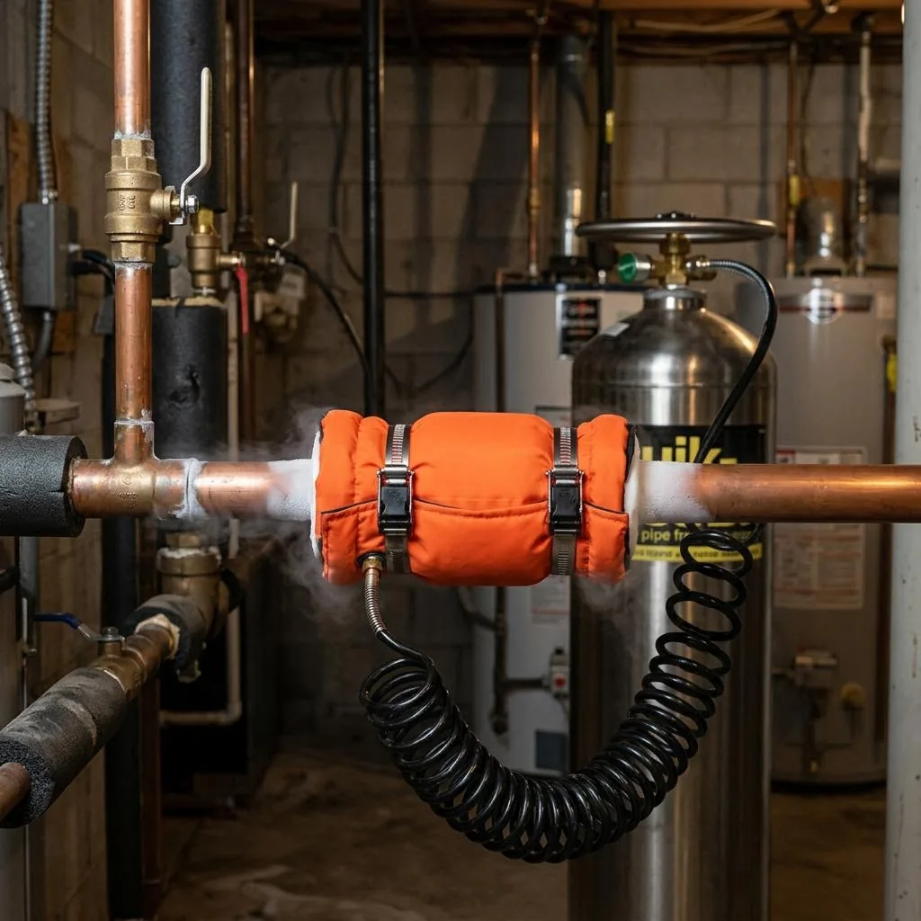 Insulated freeze jacket secured around a metal pipe with a connected supply hose
