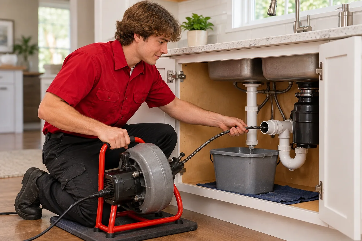 Plumber clearing an under-sink drain with a drain machine
