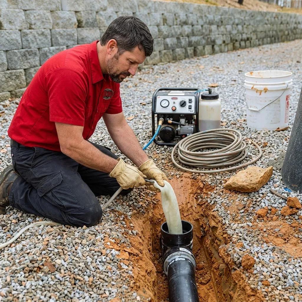 Red-shirted technician feeding a pipe liner into a sewer access opening