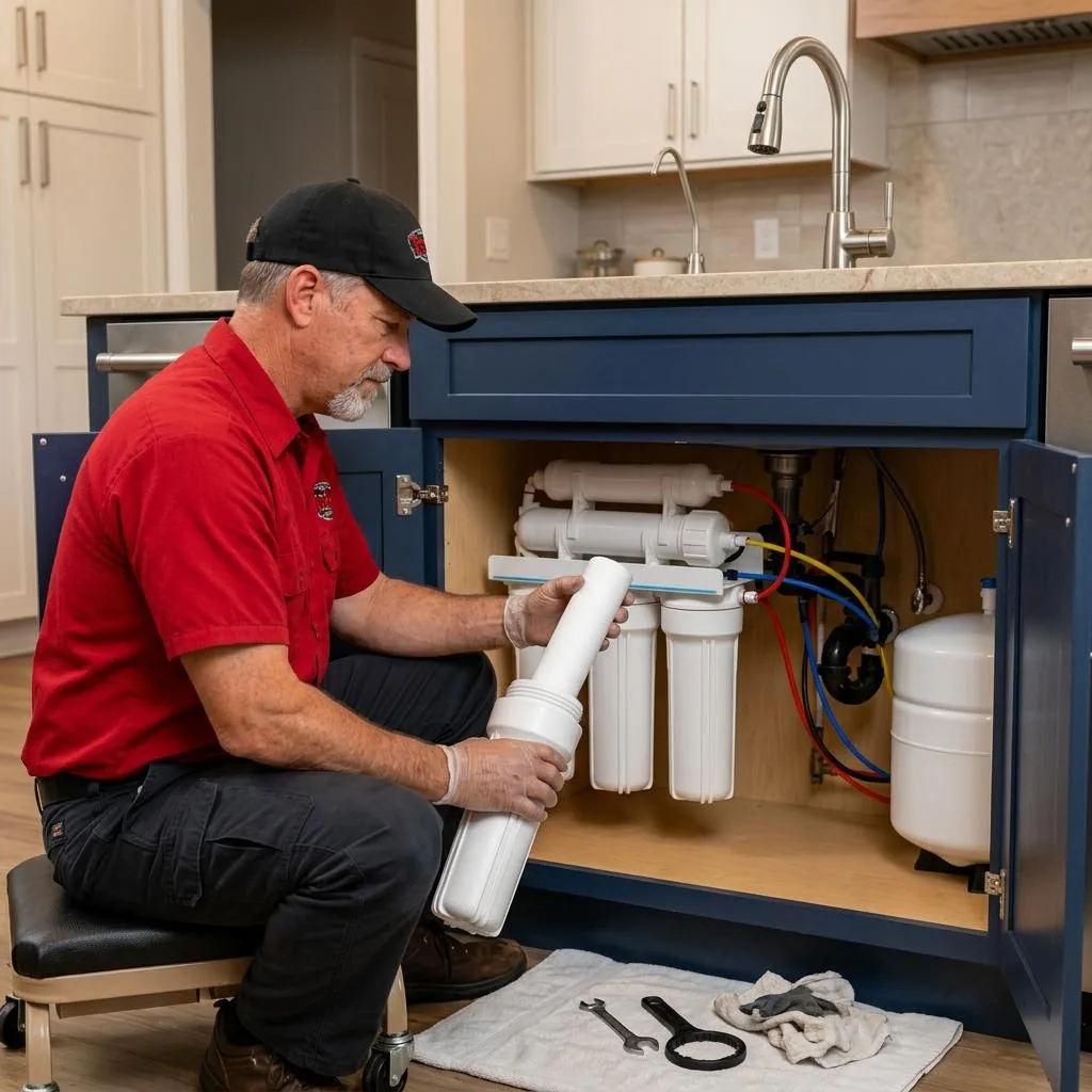 Red-shirted technician replacing a reverse-osmosis filter cartridge