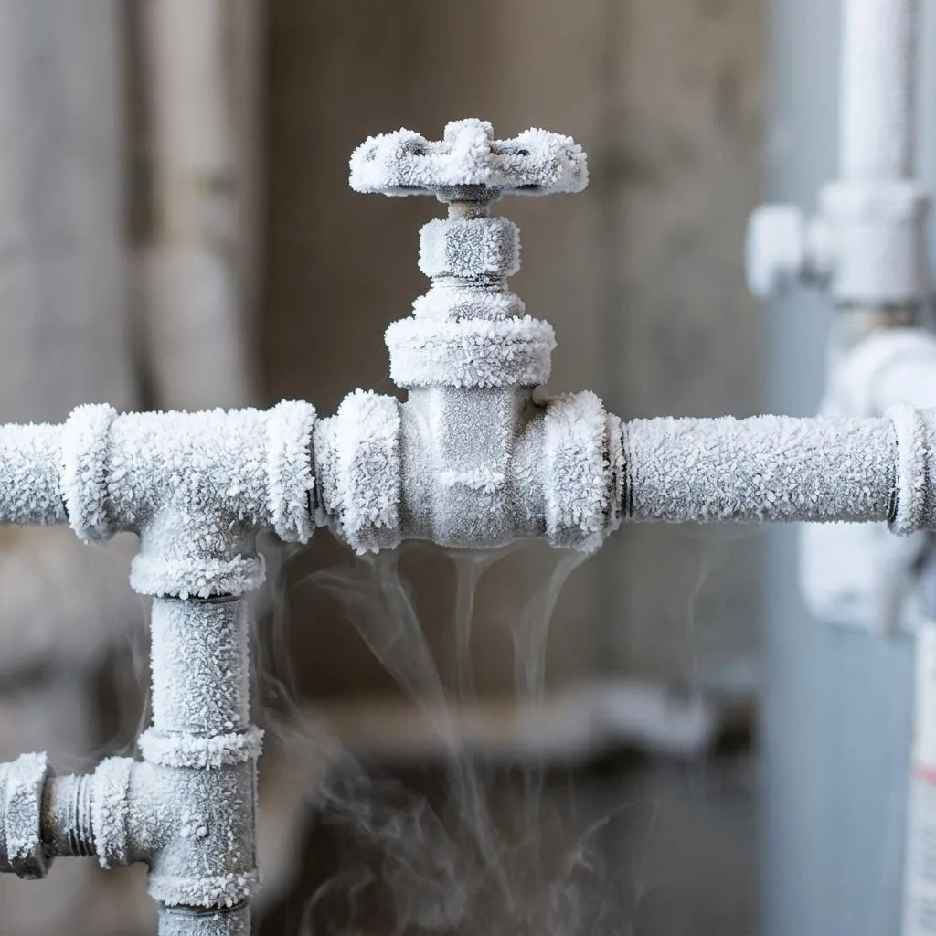 Water supply pipe and shutoff valve covered in white frost