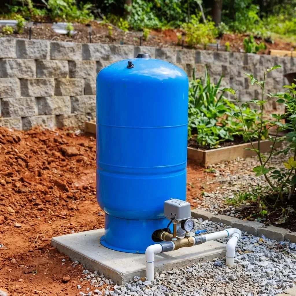 Blue well pressure tank installed on a concrete pad with connected piping and pressure gauge