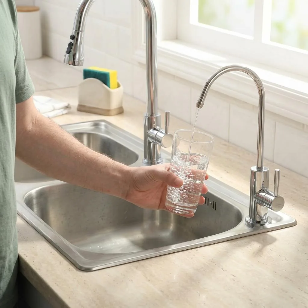 A person holding a glass in their right hand under a reverse-osmosis drinking-water faucet
