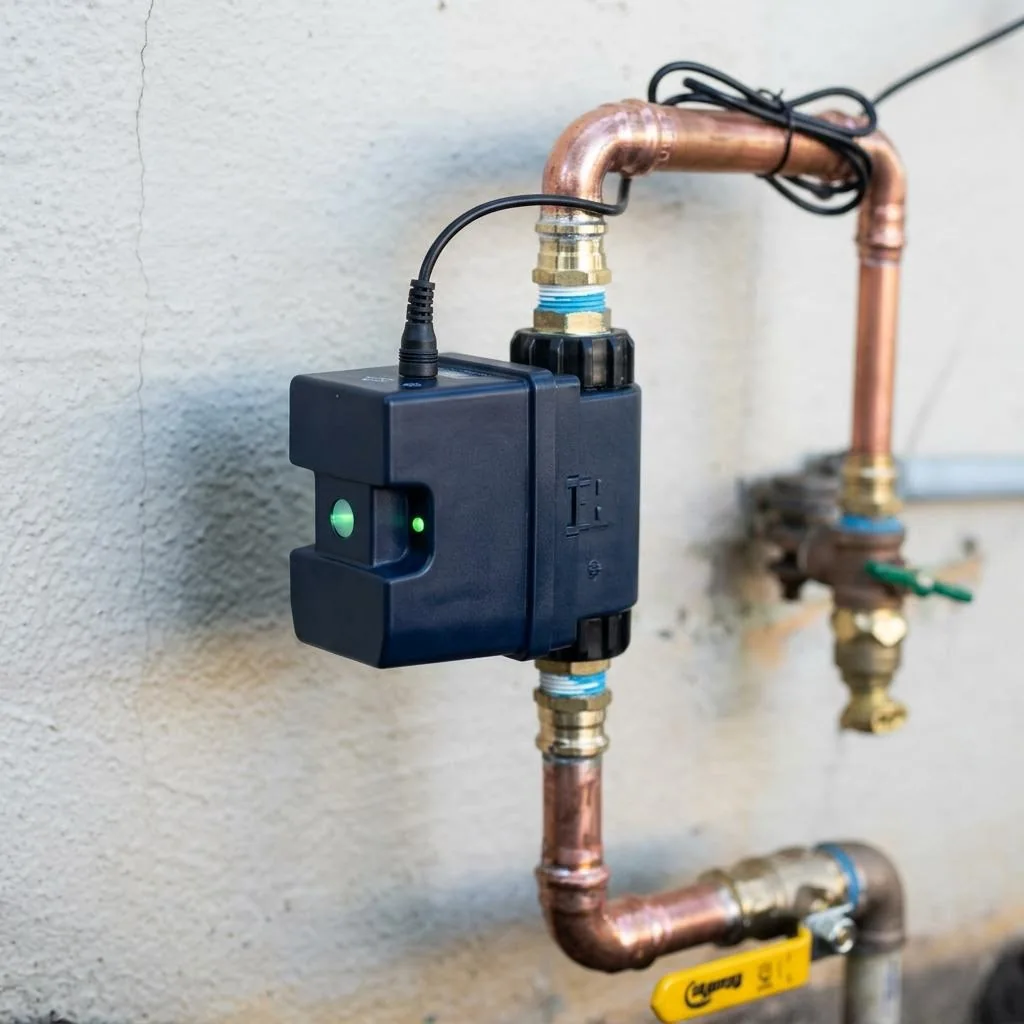 Close-up of a smart water shutoff valve with copper pipe connections
