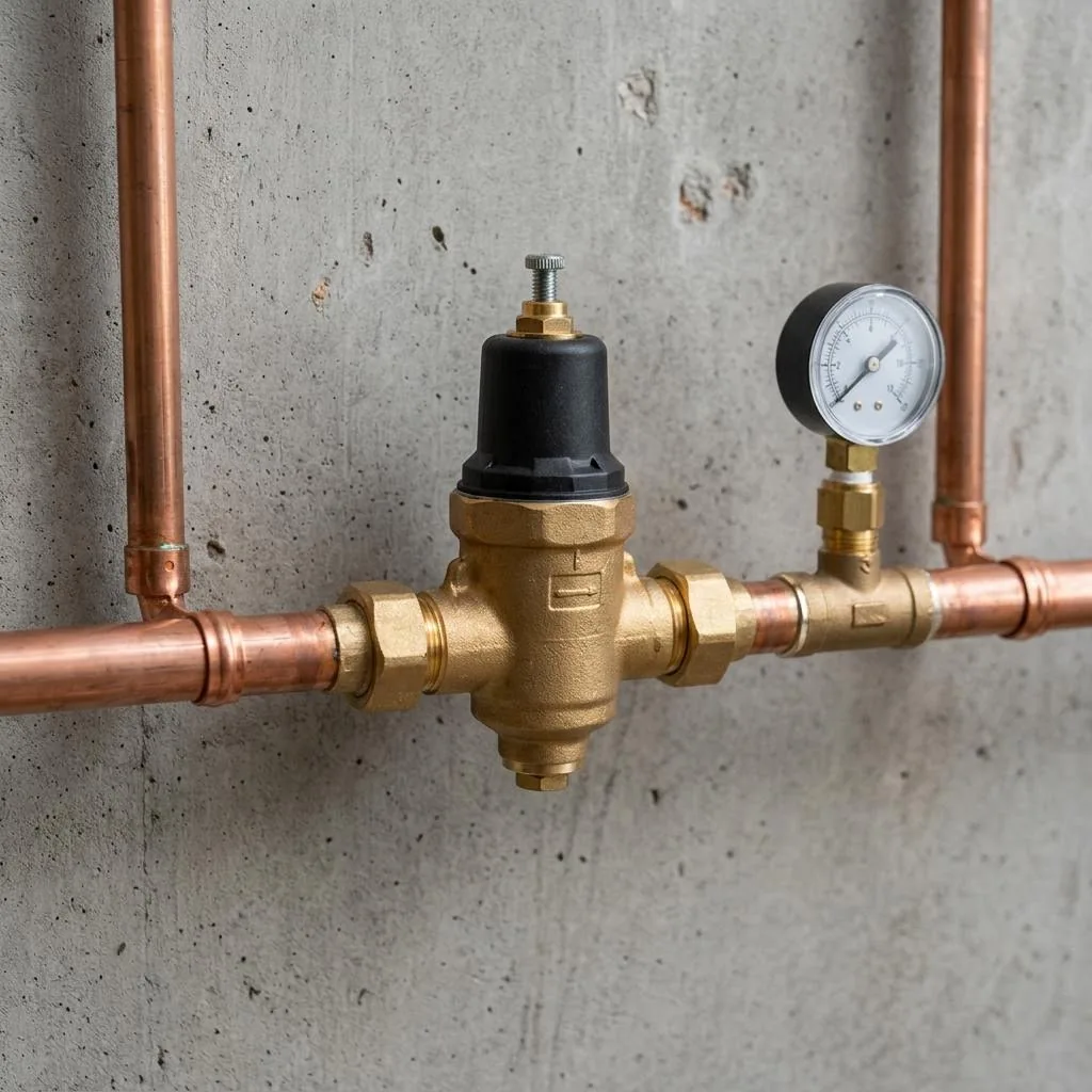 Brass water pressure regulator installed on copper supply piping beside a pressure gauge