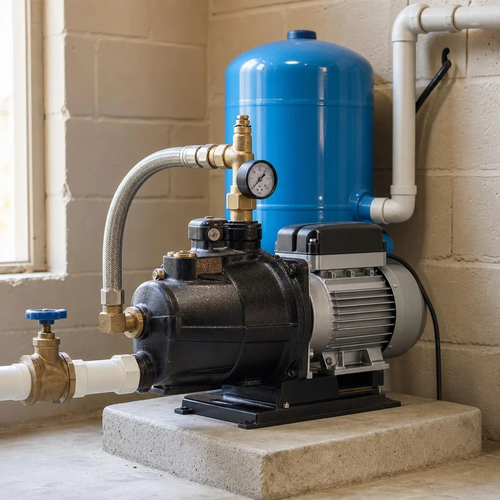 Residential well jet pump with pressure gauge and blue pressure tank