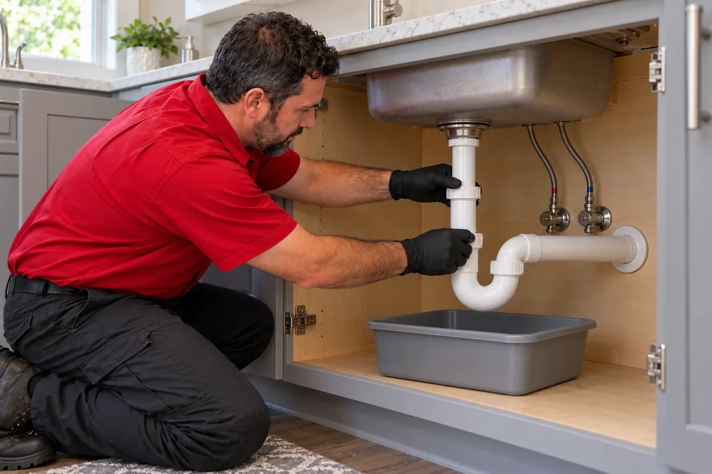 Plumber repairing the drain connection beneath a kitchen sink