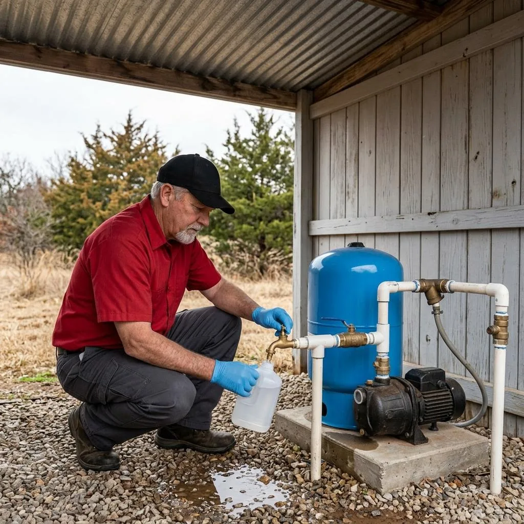 Red-shirted technician collecting a water sample while servicing a well pump system