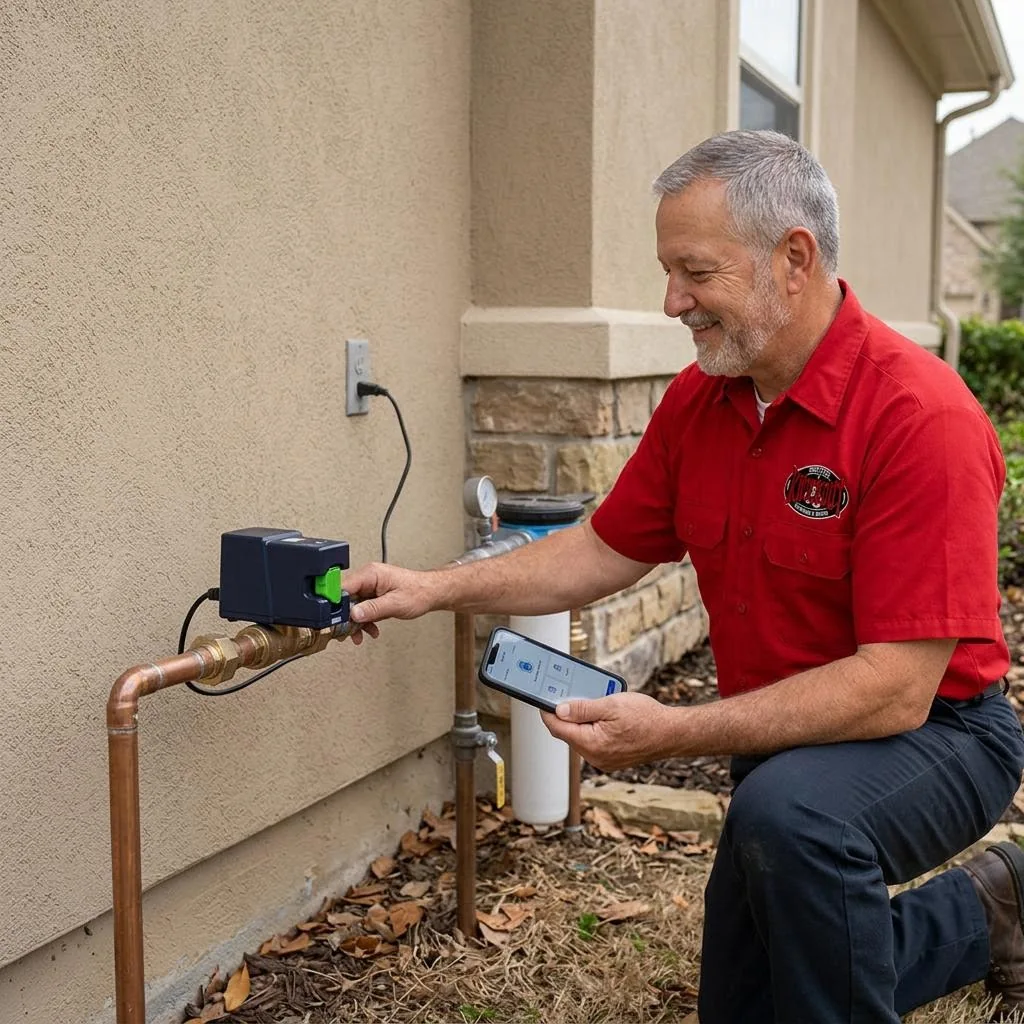 Red-shirted technician checking a smart water shutoff valve and its phone controls