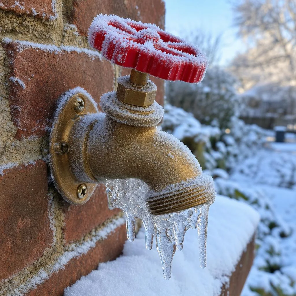 Frost-covered brass spigot with a red wheel handle and icicles on a brick wall