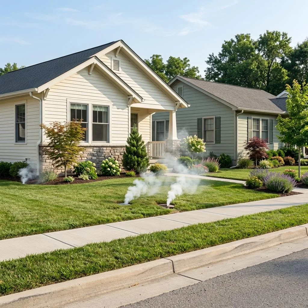 White sewer-test smoke rising from a residential lawn near the sidewalk