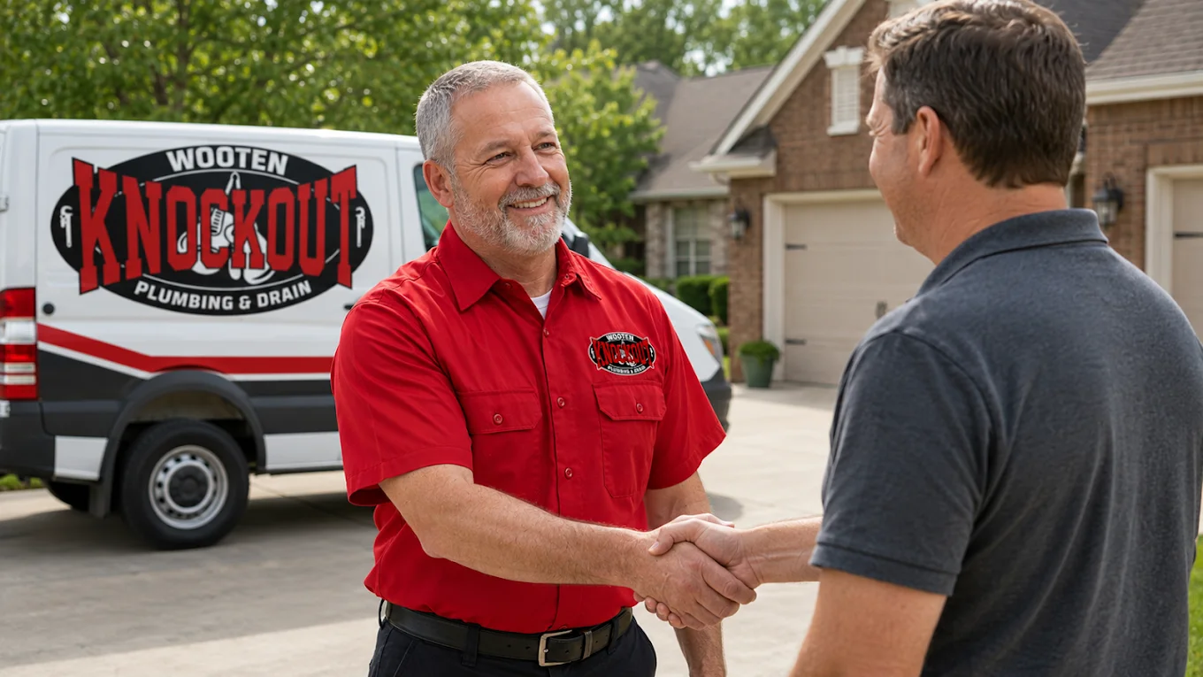 Wooten technician greeting a homeowner beside the service van