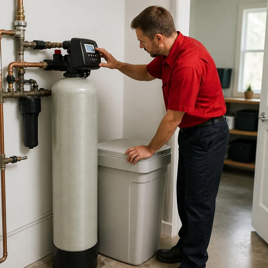 Plumber adjusting the controls on a whole-house water softener