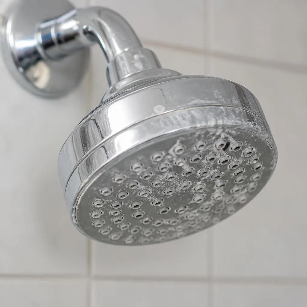 Showerhead with visible hard-water mineral scale buildup