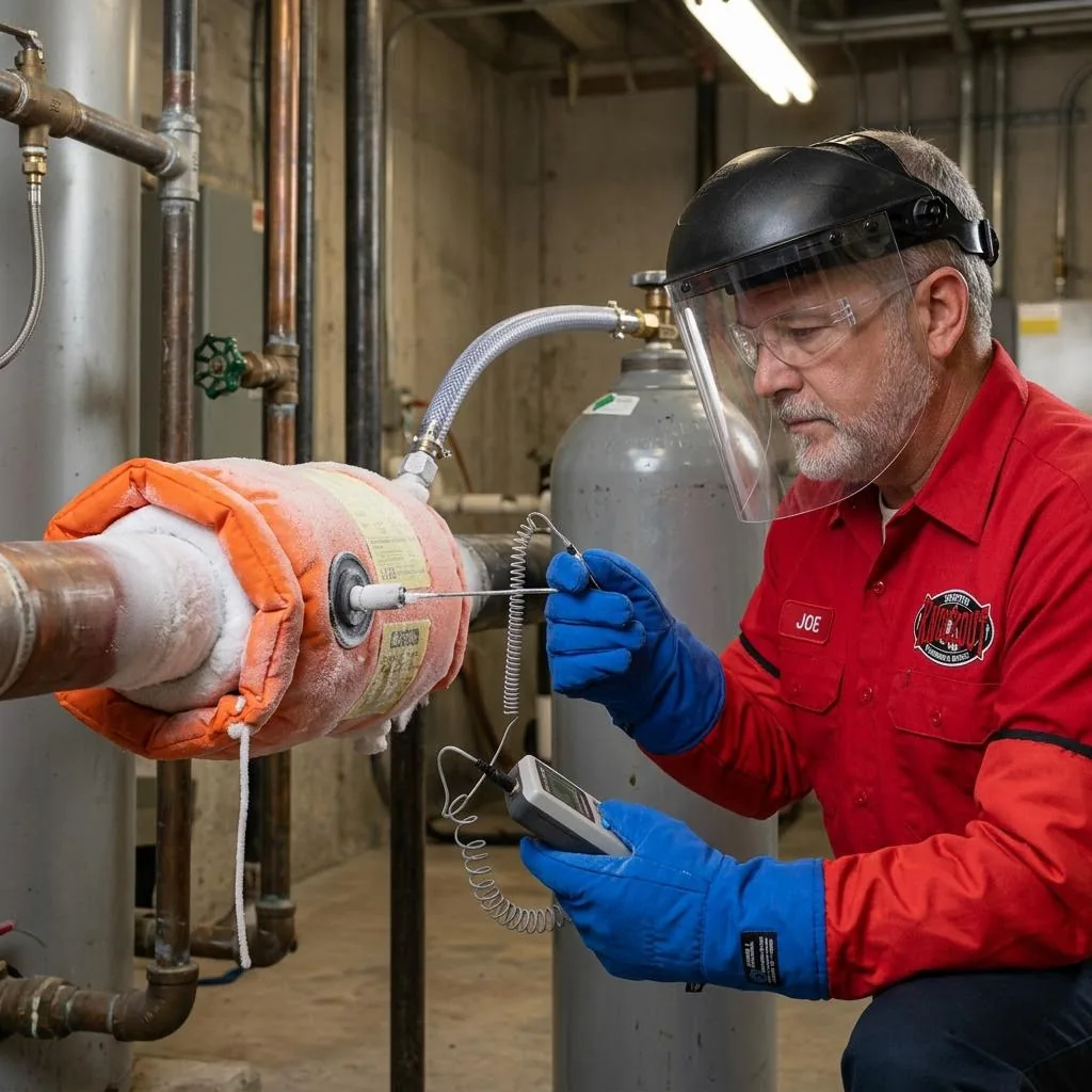 Technician monitoring a temperature probe beside a frosted pipe-freezing jacket